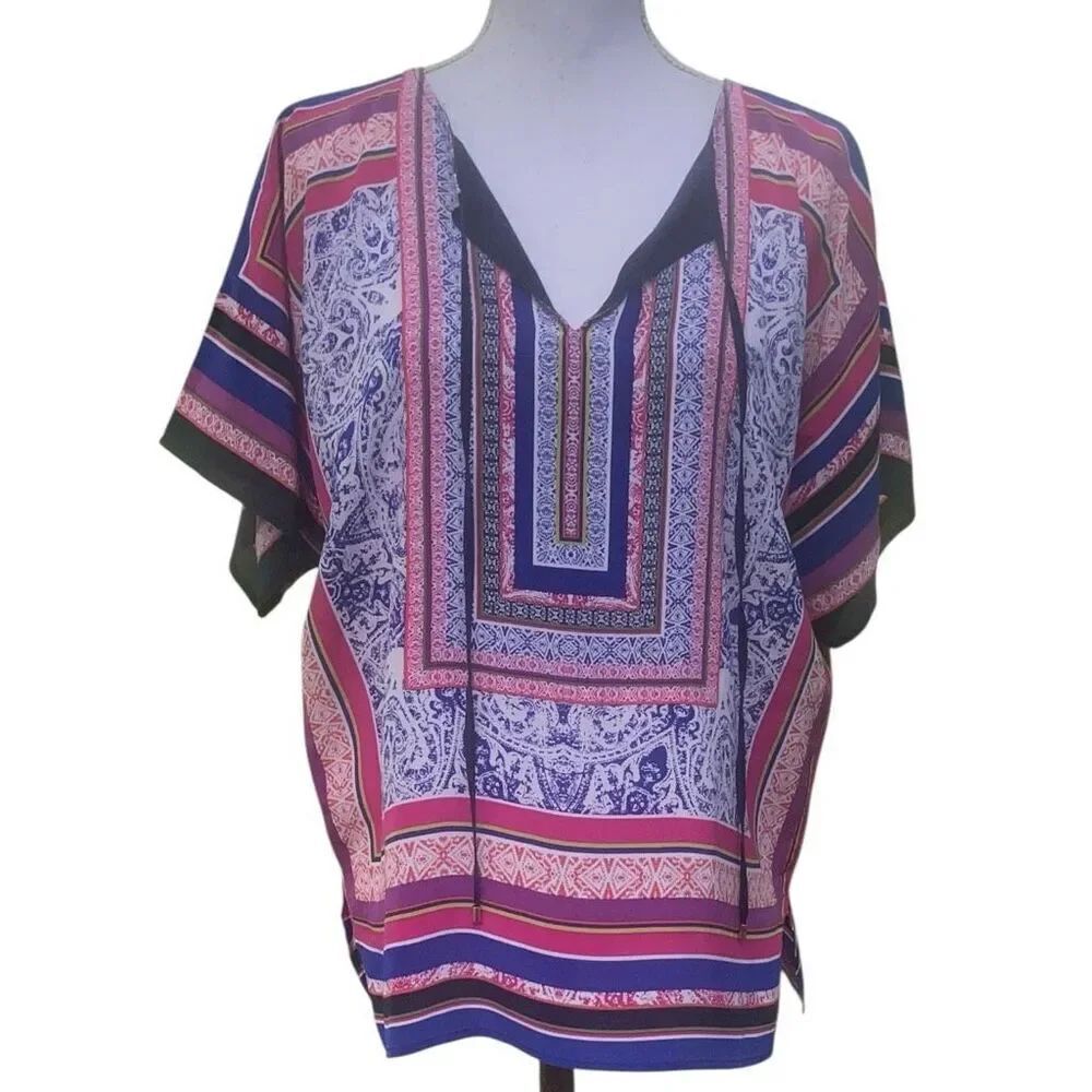 Trina Turk Boho Silk Tunic Top Size Large Multicolor Print Geometric Paisley V-N